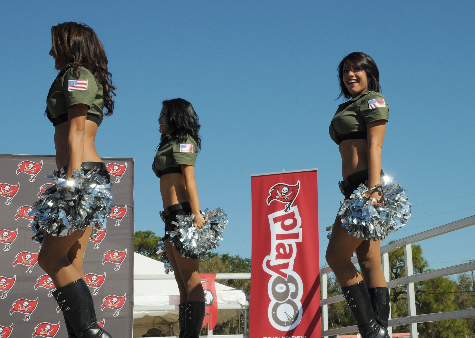MacDill Air Force Base, Fla. --  The Tampa Buccaneers recently sent a group of players and cheerleaders for a pep rally here.  The rally came on the same day the 6th Air Mobility Wing and the 927th Air Refeuling Wing received the news they passed the Nuclear Operational Readiness Inspection, which took months to prepare for. (Official United States Air Force photo by Staff Sgt. Shawn C. Rhodes)