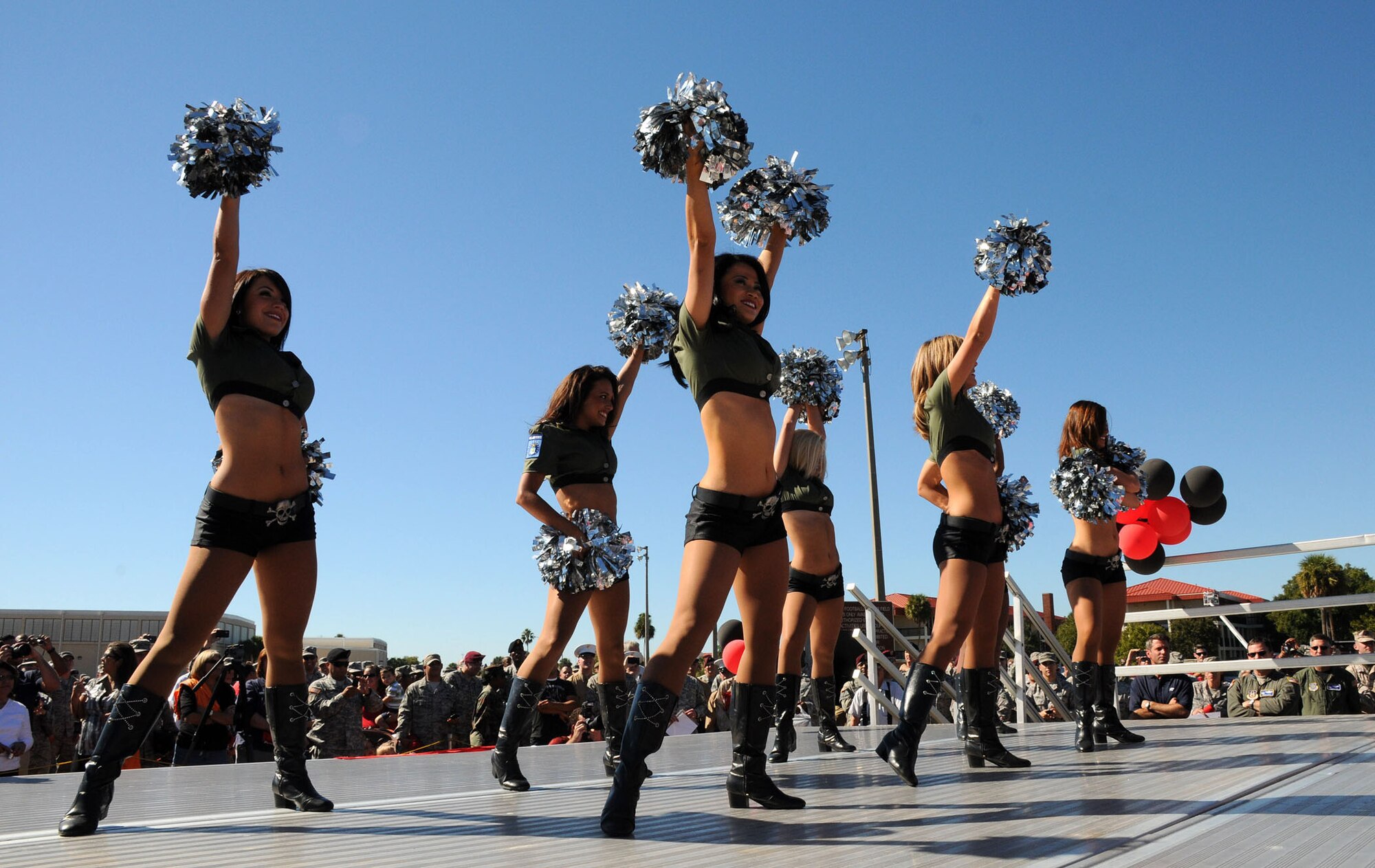 MacDill Air Force Base, Fla. --  The Tampa Buccaneers recently sent a group of players and cheerleaders for a pep rally here.  The rally came on the same day the 6th Air Mobility Wing and the 927th Air Refeuling Wing received the news they passed the Nuclear Operational Readiness Inspection, which took months to prepare for. (Official United States Air Force photo by Staff Sgt. Shawn C. Rhodes)