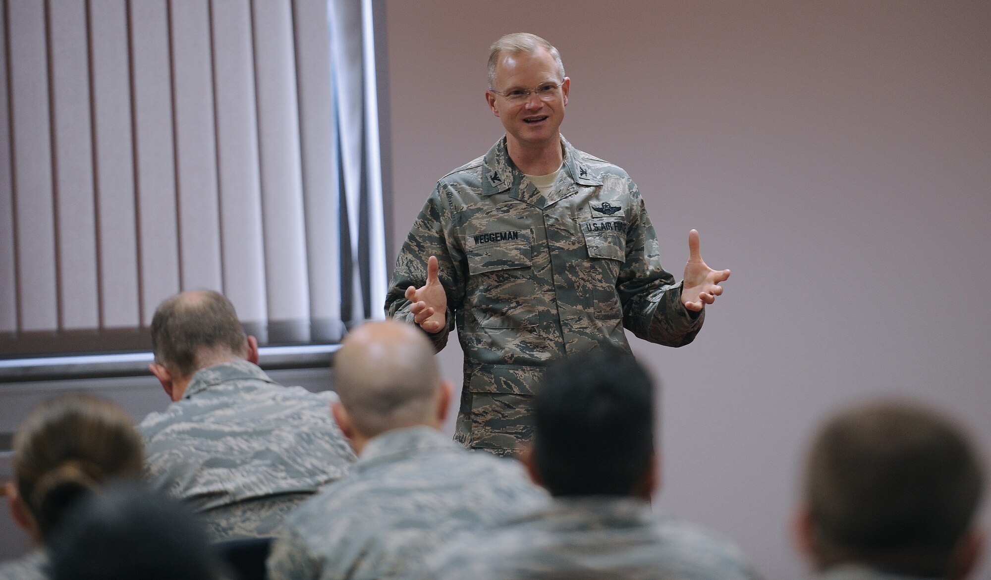 SPANGDAHLEM AIR BASE, Germany – Col. Christopher Weggeman, 52nd Fighter Wing commander, provides direction to team members during a Success Team meeting Nov. 9. The session brought Sabers together in teams to quantify and put the new wing goals into practice. (U.S. Air Force photo/Senior Airman Nick Wilson)