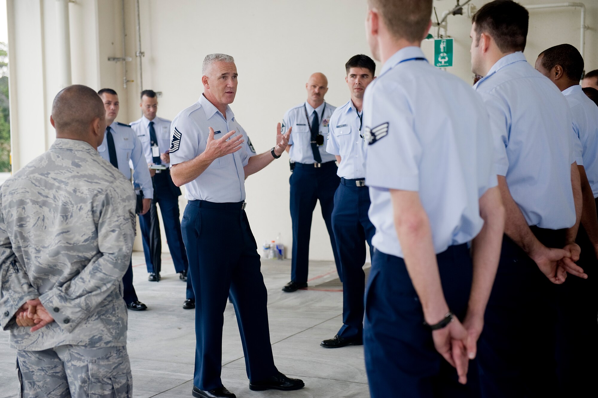 Chief Master Sgt Brooke McLean, Pacific Air Forces command chief master sergeant, speaks to the 18th Munitions Squadron about issues and concerns of the Air Force Nov. 8. Chief McLean attended the 11th Annual Kadena Special Olympics, visited several units around the base and shared key messages with Airmen during his visit to Kadena.(U.S. Air Force photo/SSgt Jonathan Steffen)