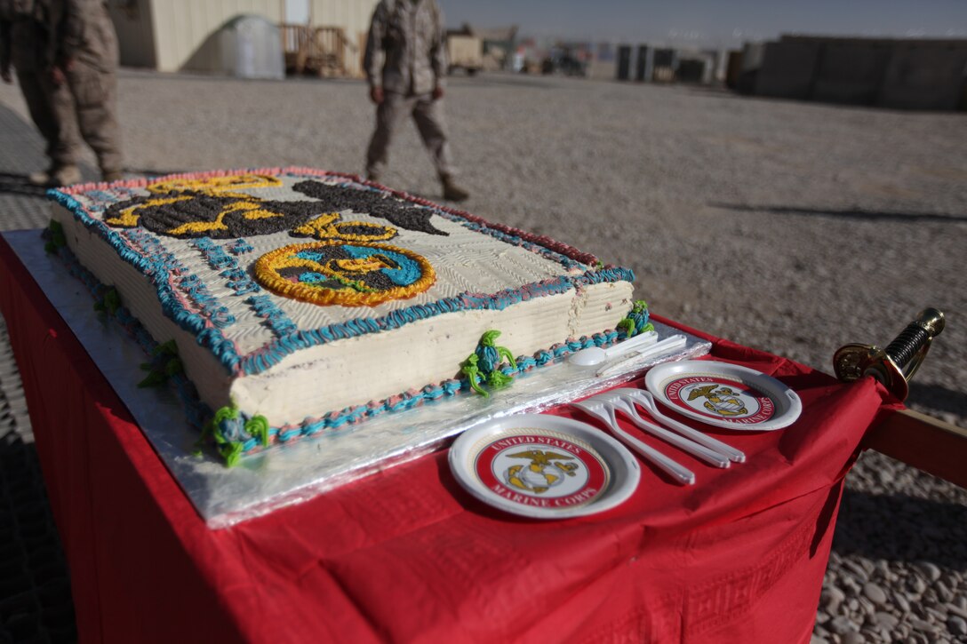 Marines from 1st Marine Logistics Group (Forward) commemorated the United States Marine Corps' 235th birthday with a traditional cake-cutting ceremony at Camp Leatherneck, Afghanistan, Nov. 10. More than 300 Marines celebrated with a reading of Gen. John A. Lejeune's birthday message, a message from the Commandant of the Marine Corps and a formal cake-cutting ceremony.