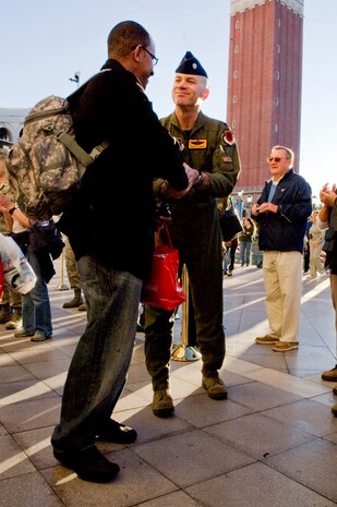 LAS VEGAS -- Lt. Col. Ron Stefanik, 926th Group commander, shakes a wounded veterans hand in the welcome line at The Venetian on Veteran's Day, Nov. 11, 2010. The all expenses paid weekend getaway was planned by ThanksUSA, an organization created in an effort to thank the men and women of our armed forces and their families for their service to the country with scholarship programs and events like the "Tribute to the Troops." (U.S. Air Force Photo / Airman 1st Class Jamie Nicley)(Released)
