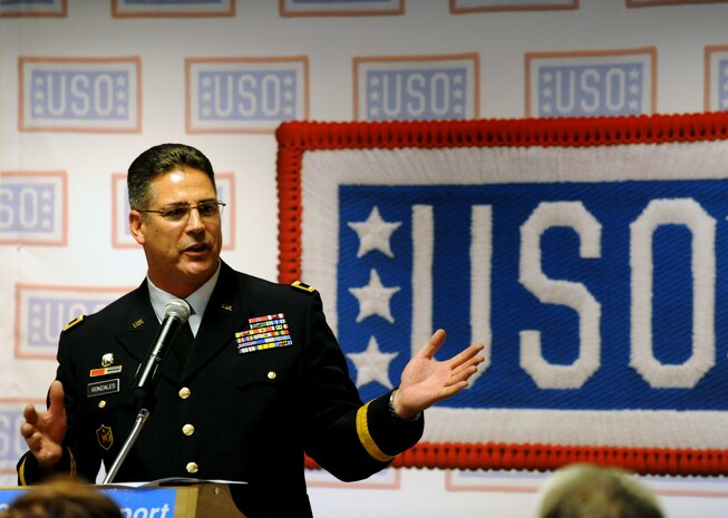LAS VEGAS -- U.S. Army Brig. Gen. Frank Gonzalez, Nevada Army National Guard commander, gives a speech during the new USO grand opening at McCarran International Airport, Nov. 11. All branches of the U.S. military were in attendance of the grand opening. (U.S. Air Force Photo by Airman 1st Class Matthew Lancaster/Released)
