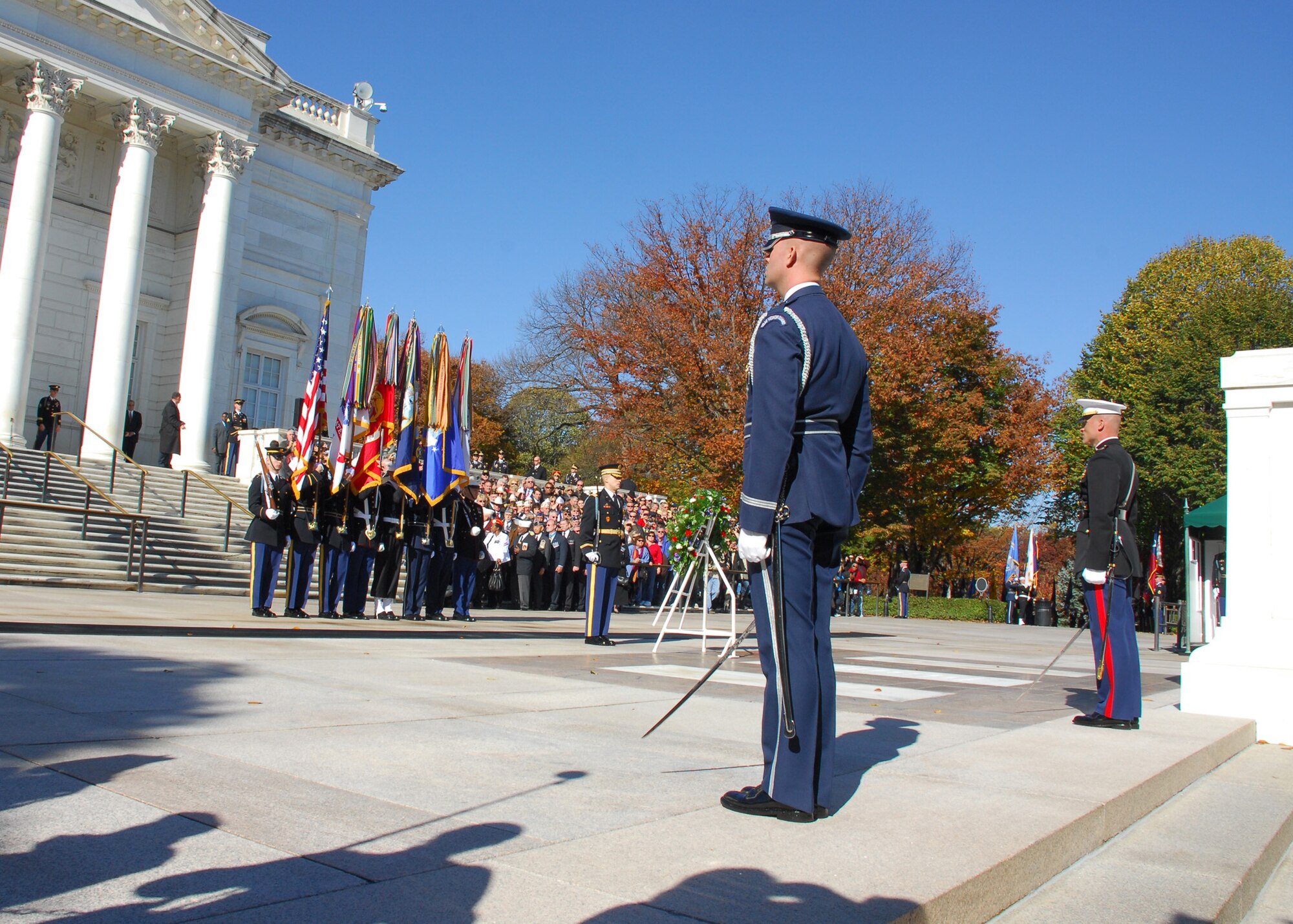 Members of the Air Force and Marine Corps honor guards stand in formation Nov. 11, 2010, during the Veterans Day wreath-laying presentation at the Tomb of the Unknowns in Arlington National Cemetery in Arlington, Va. Many senior Department of Defense leaders attended the event along with hundreds of visitors and veterans. (U.S. Air Force photo/Master Sgt. Raheem Moore)
