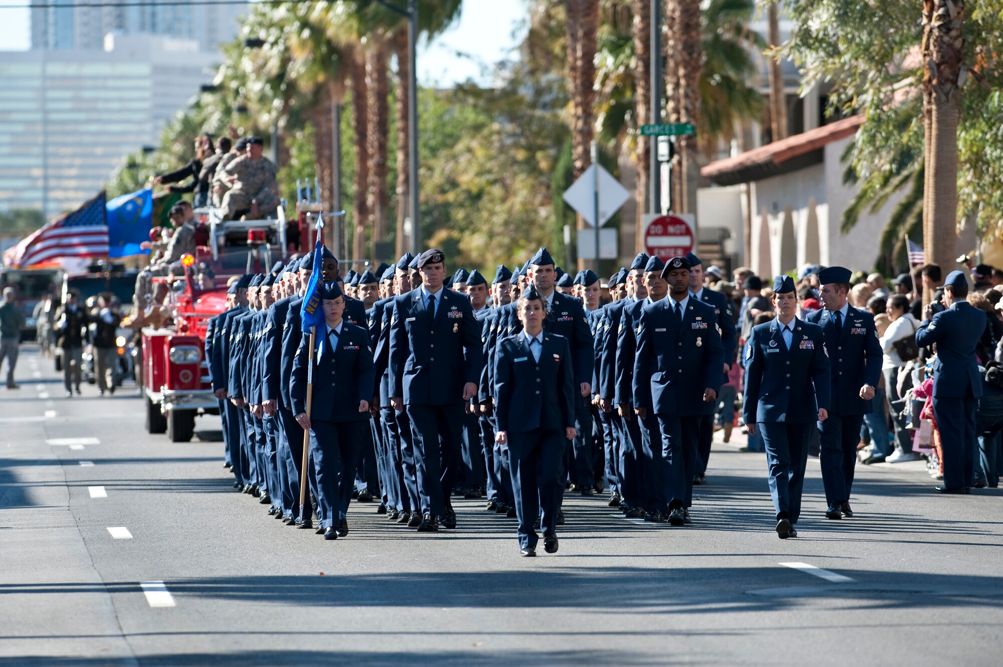 LAS VEGAS -- Airman from Nellis Air Force Base, Nev., Airman Leadership School march during the Las Vegas Veterans Day Parade Nov. 11, 2010. Airmen from the U.S. Air Force Honor Guard also participated in the parade.  (U.S. Air Force photo / Tech. Sgt. Michael R. Holzworth)(Released)