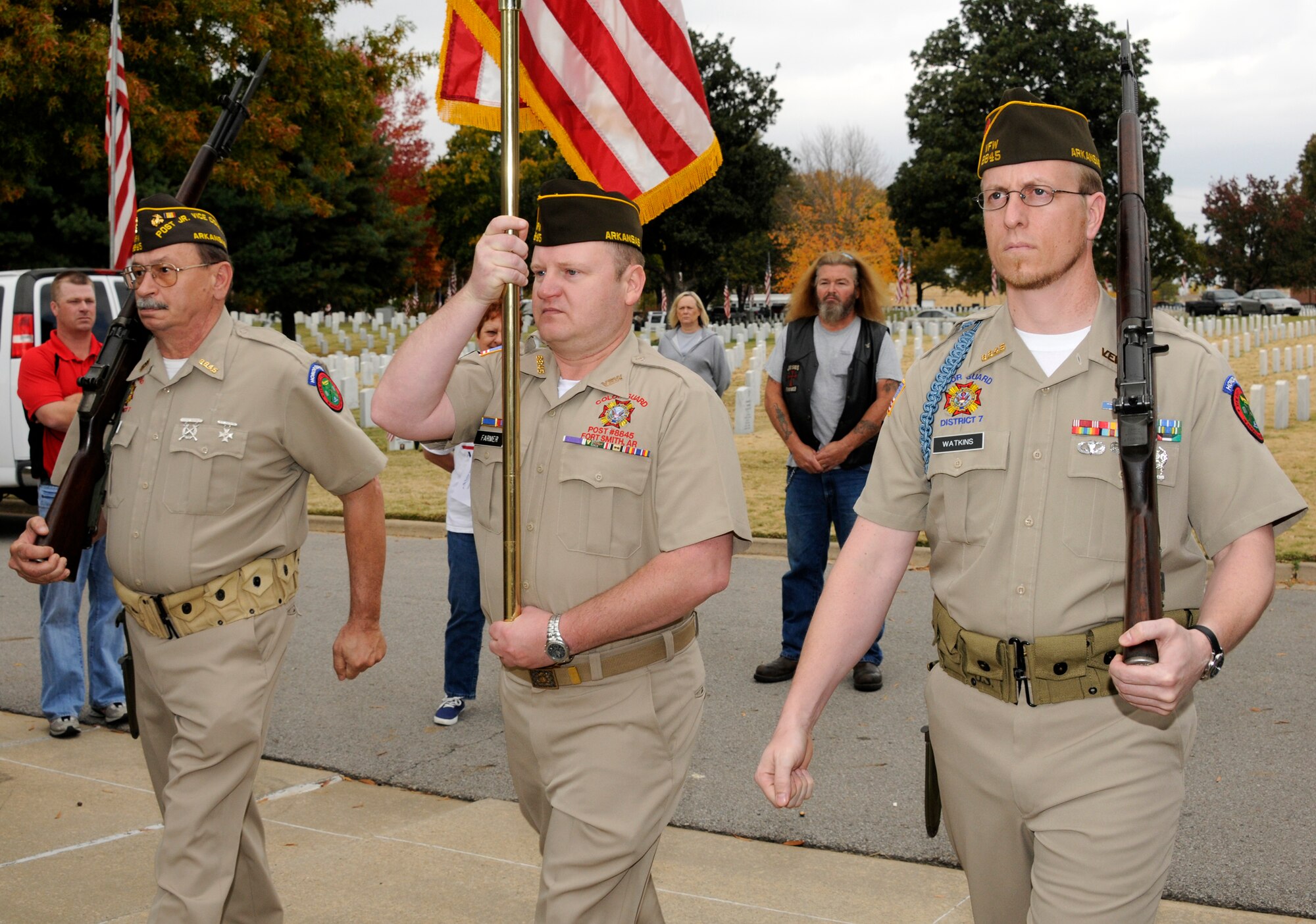 Members of the American Legion post the colors at a Veterans Day ceremony at the Fort Smith National Cemetery in Fort Smith, Ark., Nov. 11, 2010. (U.S. Air Force photo by Capt. Heath Allen/Arkansas National Guard Public Affairs)


