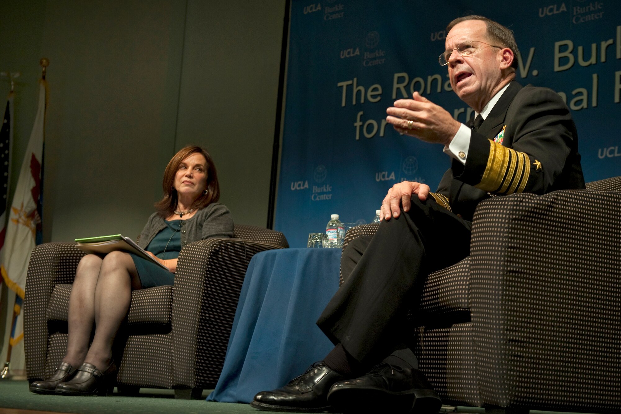 Navy Adm. Mike Mullen, chairman of the Joint Chiefs of Staff, answers a question during the Bernard Brodie Distinguished Lecture Series at UCLA, Nov. 10, 2010, as Renee Montagne, co-host of National Public Radio’s Morning Edition, listens.  (Defense Department photo/Navy Petty Officer 1st Class Chad J. McNeeley)