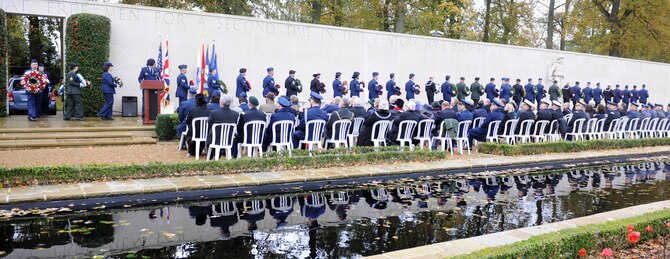 CAMBRIDGE - American servicemembers from across the United Kingdom bring wreaths in to be presented during a Veteran's Day ceremony at Madingley American Cemetery Nov. 11. (U.S. Air Force photo by Staff Sgt. Joel Mease)
