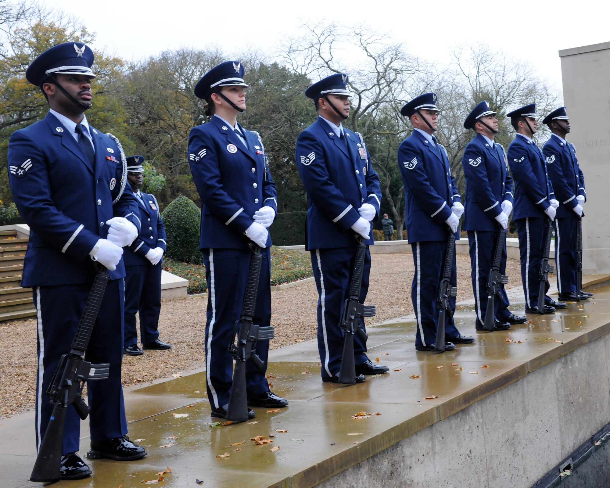 CAMBRIDGE - The 423rd Air Base Group Honor Guard stands ready during a Veteran's Day ceremony at Madingley American Cemetery Nov. 11. (U.S. Air Force photo by Staff Sgt. Joel Mease)
