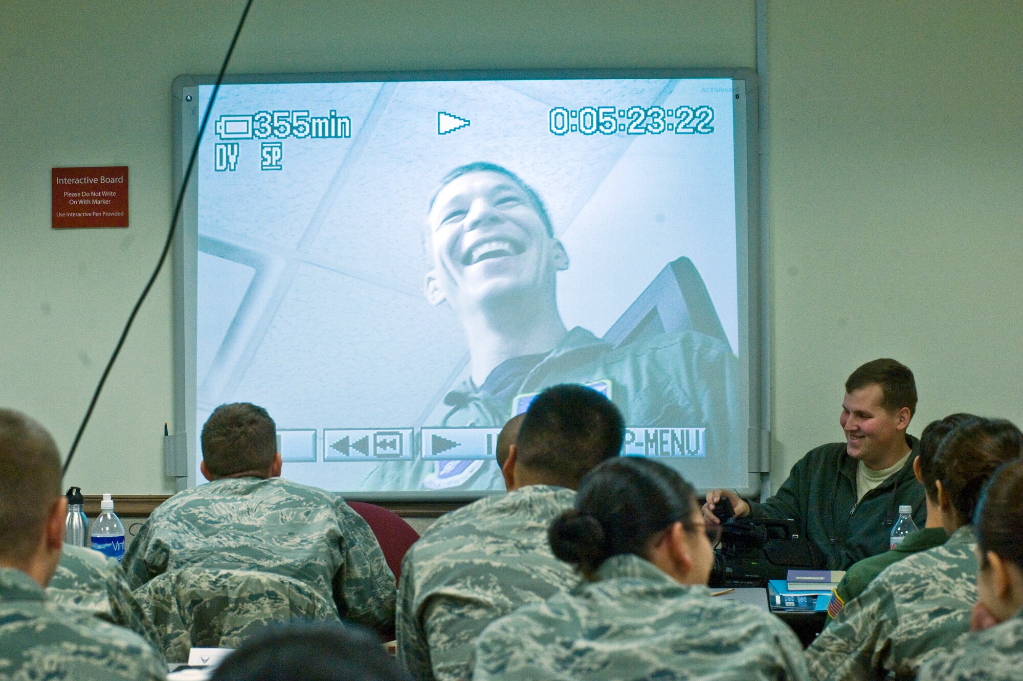 ANDREWS AIR FORCE BASE, Md. – First Lt. Mitch Clapp, 1st Helicopter Squadron pilot, laughs during the out session of a mock interview as part of a Public Affairs training course aimed preparing junior officers to handle media queries at the educational building Nov. 3. The course was one of several courses taken during the Lieutenant’s Professional Development Program held Nov.3 through 5.
(U.S. Air Force photo/Bobby Jones)
