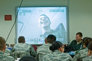 ANDREWS AIR FORCE BASE, Md. – First Lt. Mitch Clapp, 1st Helicopter Squadron pilot, laughs during the out session of a mock interview as part of a Public Affairs training course aimed preparing junior officers to handle media queries at the educational building Nov. 3. The course was one of several courses taken during the Lieutenant’s Professional Development Program held Nov.3 through 5.
(U.S. Air Force photo/Bobby Jones)
