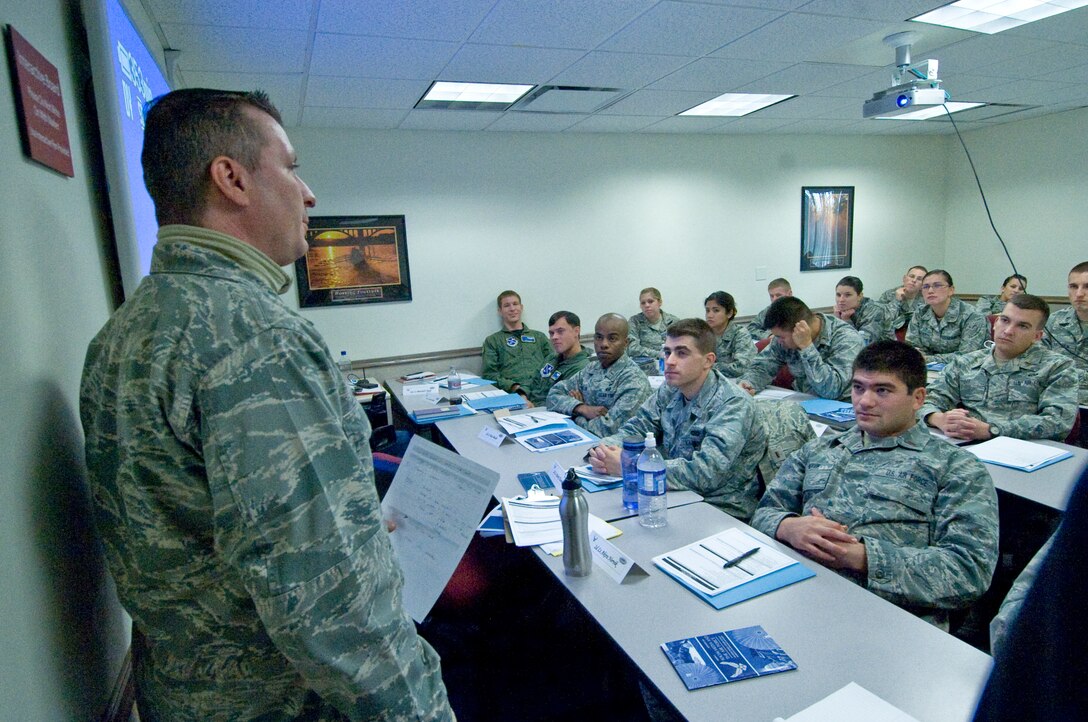 ANDREWS AIR FORCE BASE, Md. – Captain Christian Hodge, 11th Wing Public Affairs chief, conducts a Public Affairs Media Training course held at the education building. The purpose of the training course was aimed at preparing junior officers to handle media queries.The course was one of several courses taken during the Lieutenant’s Professional Development Program held Nov.3 through 5. (U.S. Air Force photo/Bobby Jones)