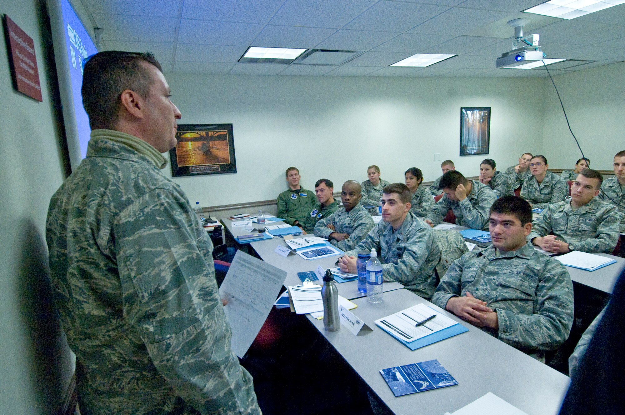ANDREWS AIR FORCE BASE, Md. – Captain Christian Hodge, 11th Wing Public Affairs chief, conducts a Public Affairs Media Training course held at the education building. The purpose of the training course was aimed at preparing junior officers to handle media queries.The course was one of several courses taken during the Lieutenant’s Professional Development Program held Nov.3 through 5. (U.S. Air Force photo/Bobby Jones)