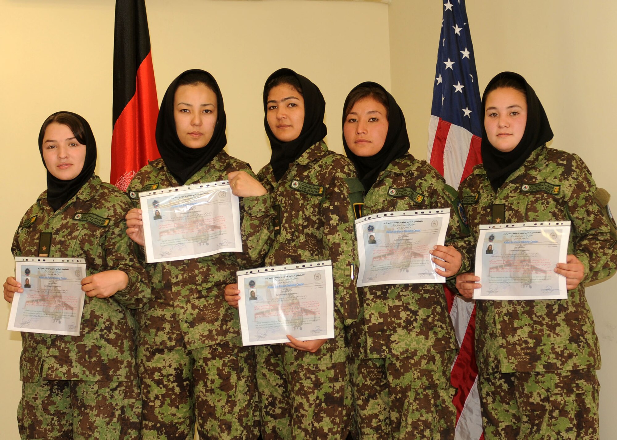 101106-N-6541W-019 KABUL, Afghanistan - Air Force Lieutenants graduate from their first professional military course at Pohantoon-e-Hawayee present their graduation certificates from the Air Orientation Course. Graduation from this course is the females first step to service in the AAF.  (U.S. Navy photo by Mass Communication Specialist 3rd Class Jared Walker/ RELEASED).