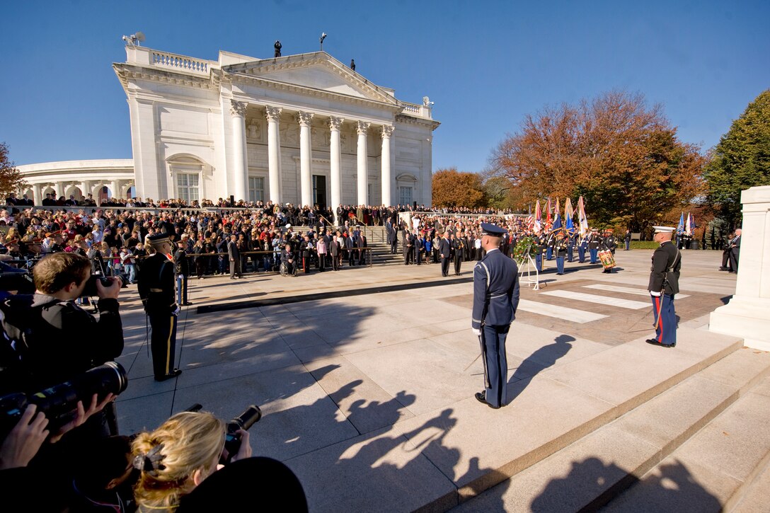 Vice President Joe Biden lays a wreath at the Tomb of the Unknowns at Arlington National Cemetery in Arlington, Va., Nov. 11, 2010.