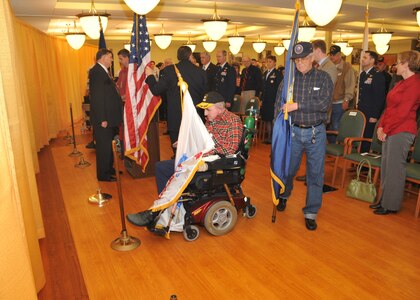 BELLEVUE, Neb. - Retired veteran&#039;s post the colors during a Veterans Day ceremony held at the Eastern Nebraska Veteran&#039;s Home Nov. 11.  (U.S. Air Force photo)