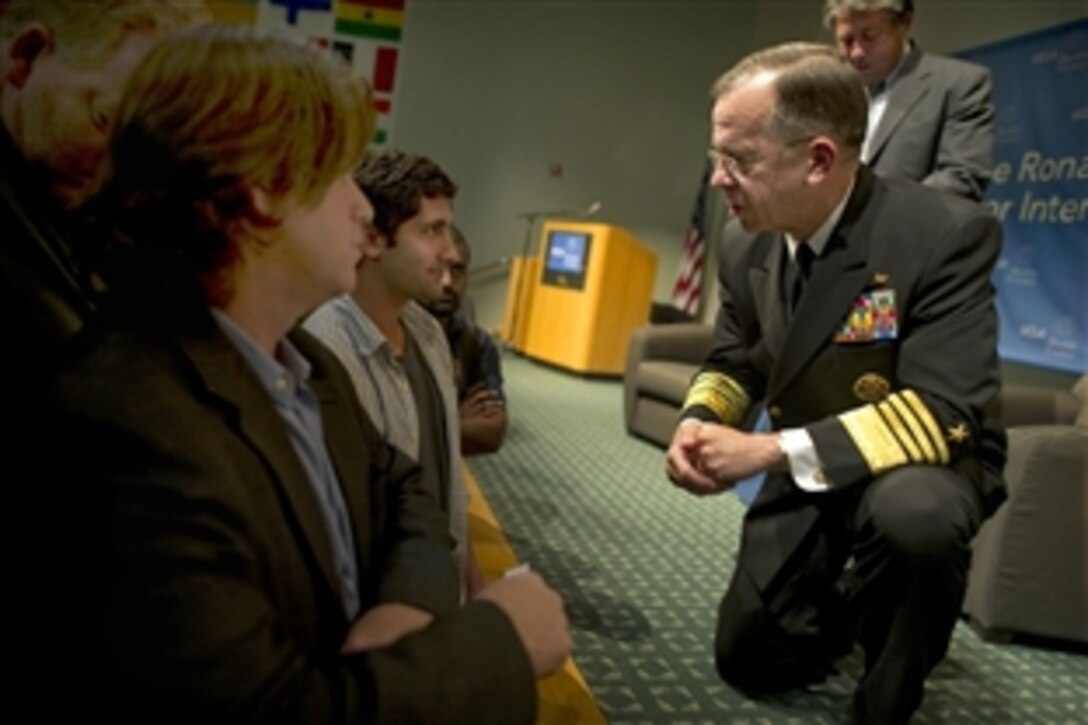 U.S. Navy Adm. Mike Mullen, chairman of the Joint Chiefs of Staff, speaks to audience members after addressing the Bernard Brodie Distinguished Lecture Series at UCLA, Nov. 10, 2010. 