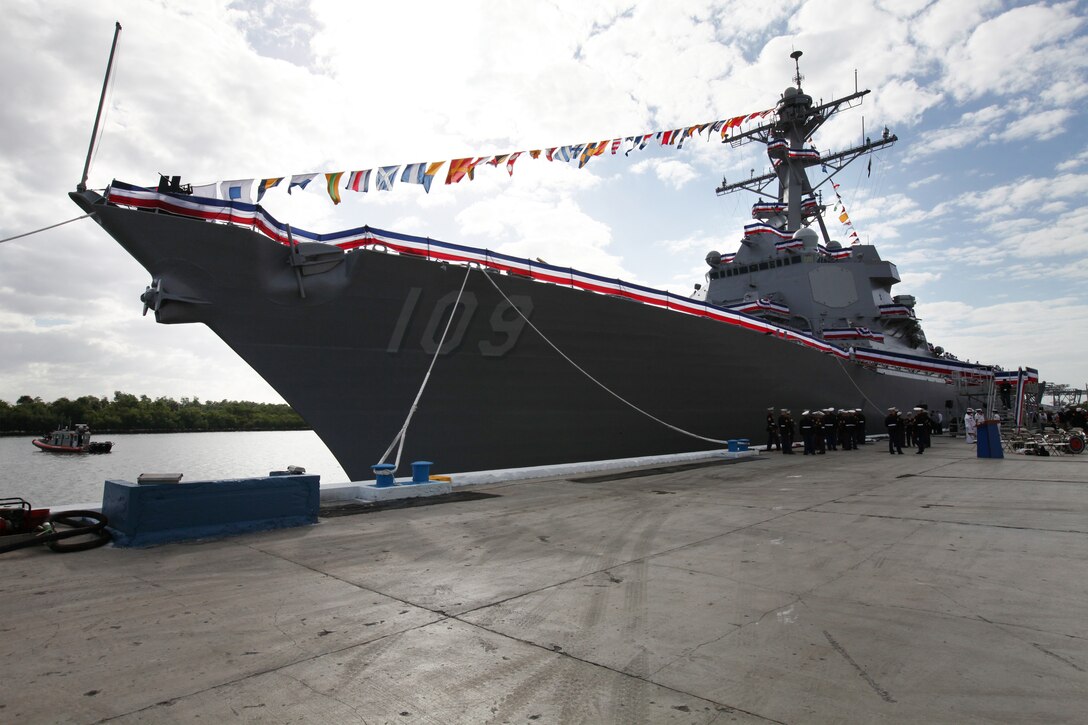 The Arleigh Burke class destroyer USS Jason Dunham sits in Port Everglades, Fla., Nov. 13, 2010, where it was commissioned as the Navy’s newest war ship. The ship is named in honor of Marine Cpl. Jason Dunham, who received the Medal of Honor posthumously for his gallantry in Operation Iraqi Freedom.