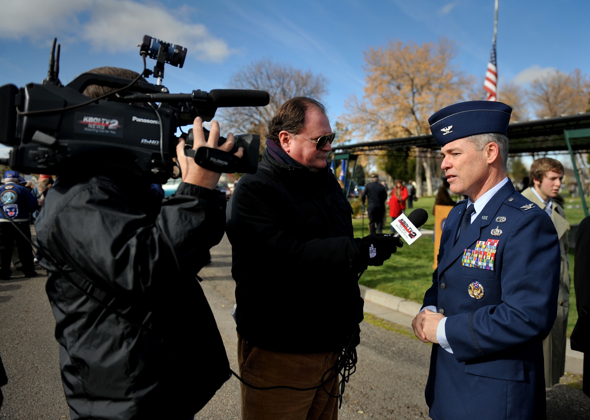 MOUNTAIN HOME, Idaho – Col. James McClellan, 366th Maintenance Group commander, is interviewed by local media after the 2010 Veterans Day ceremony held at the Mountain View Cemetery here Nov. 11. More than 100 servicemembers and civilians joined attended the ceremony in honor of all U.S. servicemembers. Colonel McClellan served as the guest speaker for the event. (U.S. Air Force photo by Staff Sgt. Alyssa C. Wallace)(Released) 
