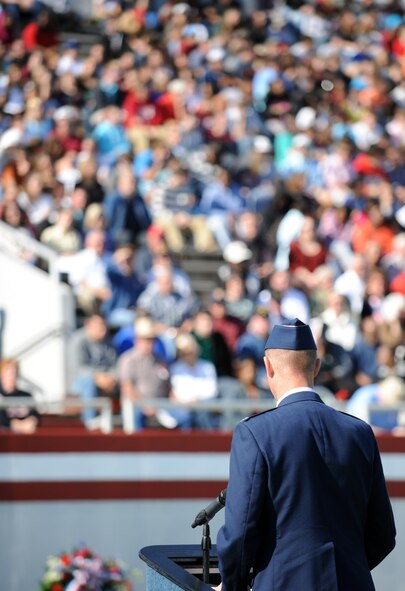 VALDOSTA, Ga. -- Col. Gary Henderson, 23rd Wing commander, gives a speech during the Veteran’s Day ceremony at Lowndes High School Nov. 11. Hundreds of people were in attendance to show appreciation for the veterans. (U.S. Air Force photo/Airman 1st Class Douglas Ellis)(RELEASED)