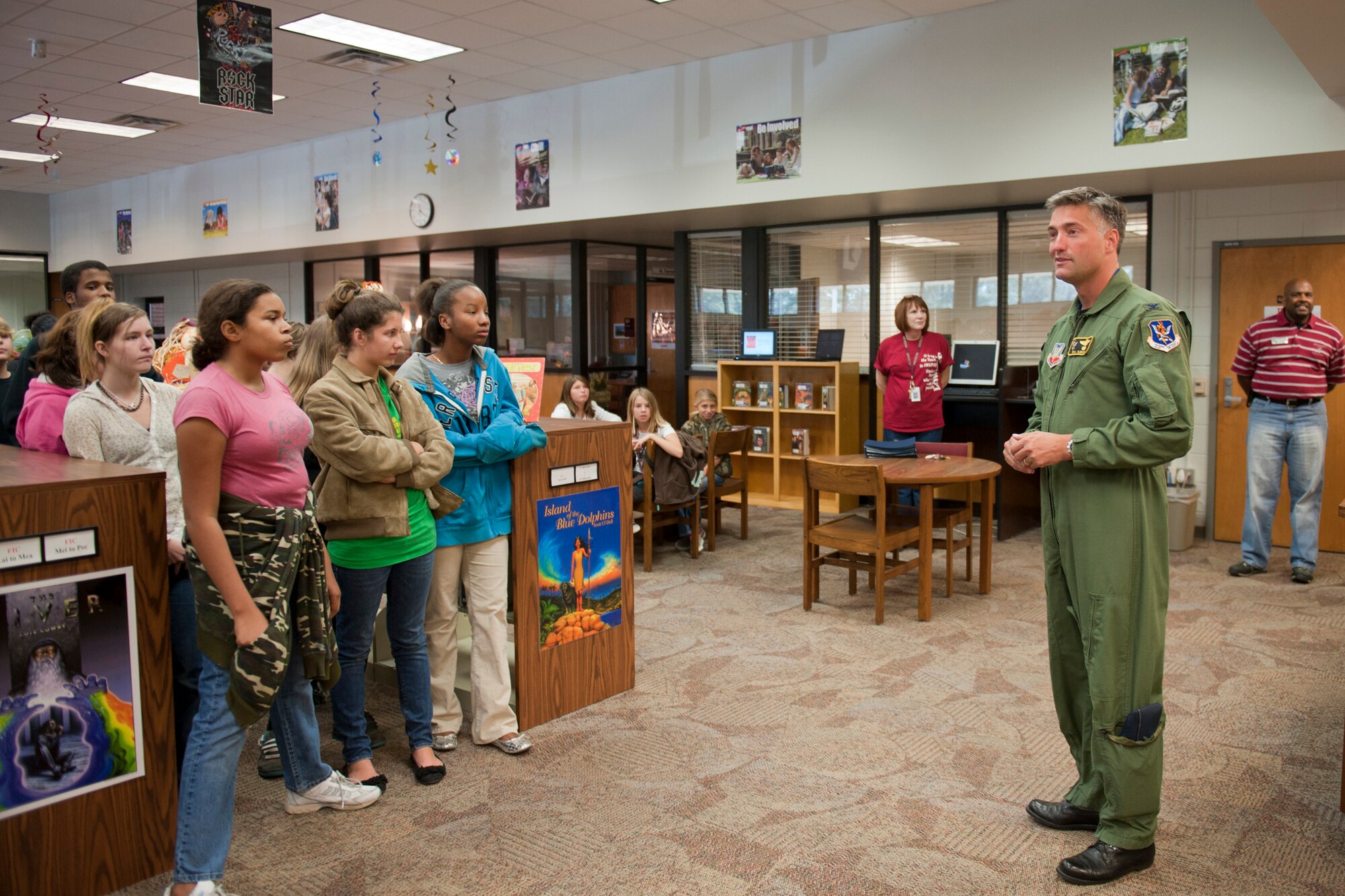 VALDOSTA, Ga. -- Col. William DeMaso, 23rd Wing vice commander, addresses Lowndes Middle School students Nov. 12. Colonel DeMaso thanked and recognized the children for their participation in the 2010 Air Show Logo Contest. The contest received 70 submissions with five of the top seven coming from Lowndes Middle School. (U.S. Air Force photo/Senior Airman Jamal D. Sutter) (RELEASED)