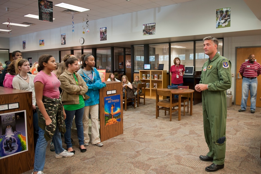 VALDOSTA, Ga. -- Col. William DeMaso, 23rd Wing vice commander, addresses Lowndes Middle School students Nov. 12. Colonel DeMaso thanked and recognized the children for their participation in the 2010 Air Show Logo Contest. The contest received 70 submissions with five of the top seven coming from Lowndes Middle School. (U.S. Air Force photo/Senior Airman Jamal D. Sutter) (RELEASED)