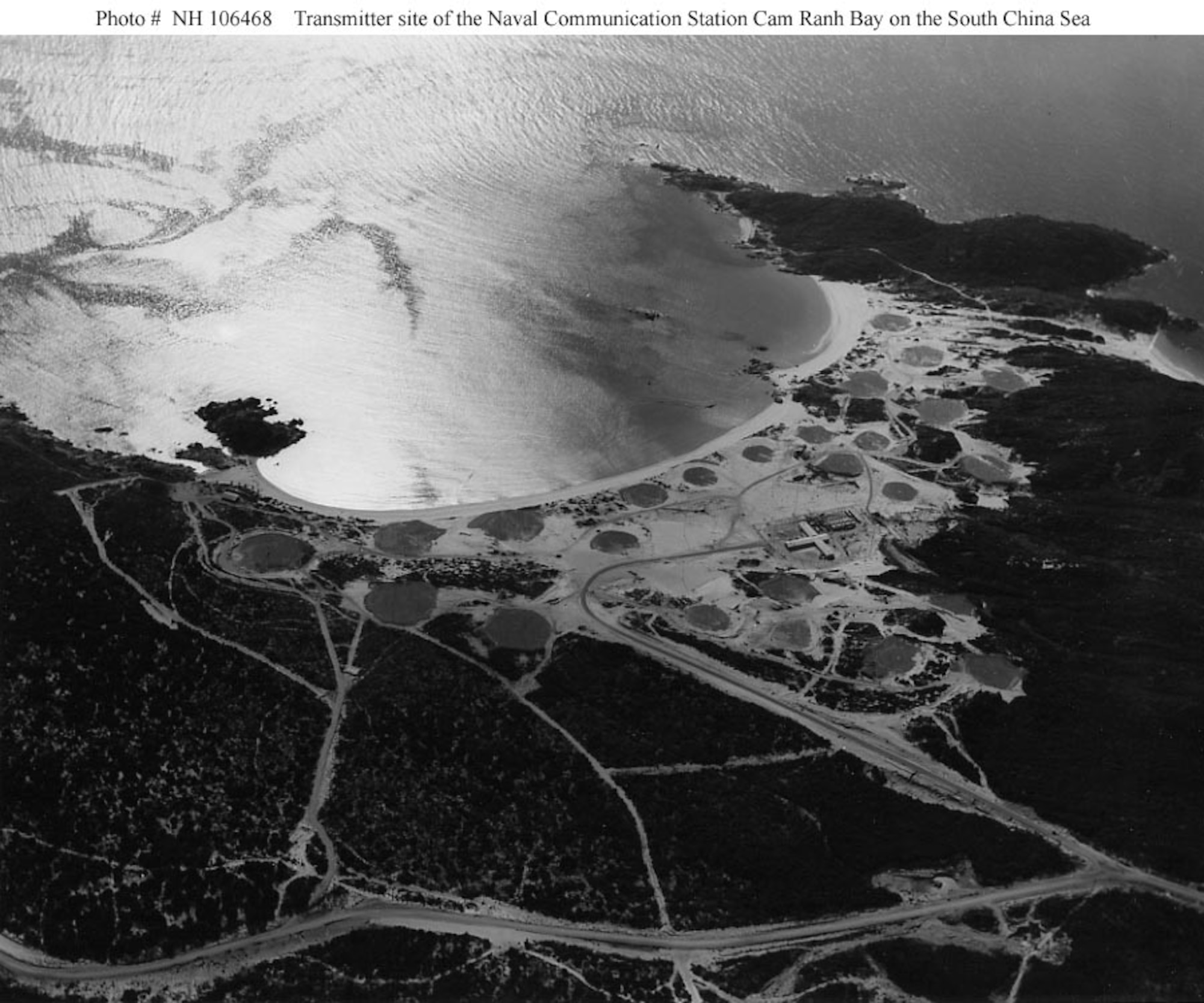 A view of the transmitter site of Naval Communication Station Cam Ranh Bay on the South China Sea. The transmitter site was located approximately six miles north of the communication center. (Photographed circa 1970-1971. Collection of Captain William J. Longhi, USN (Retired), 2009. Official U.S. Navy Photograph, from the collections of the Naval History and Heritage Command.)
