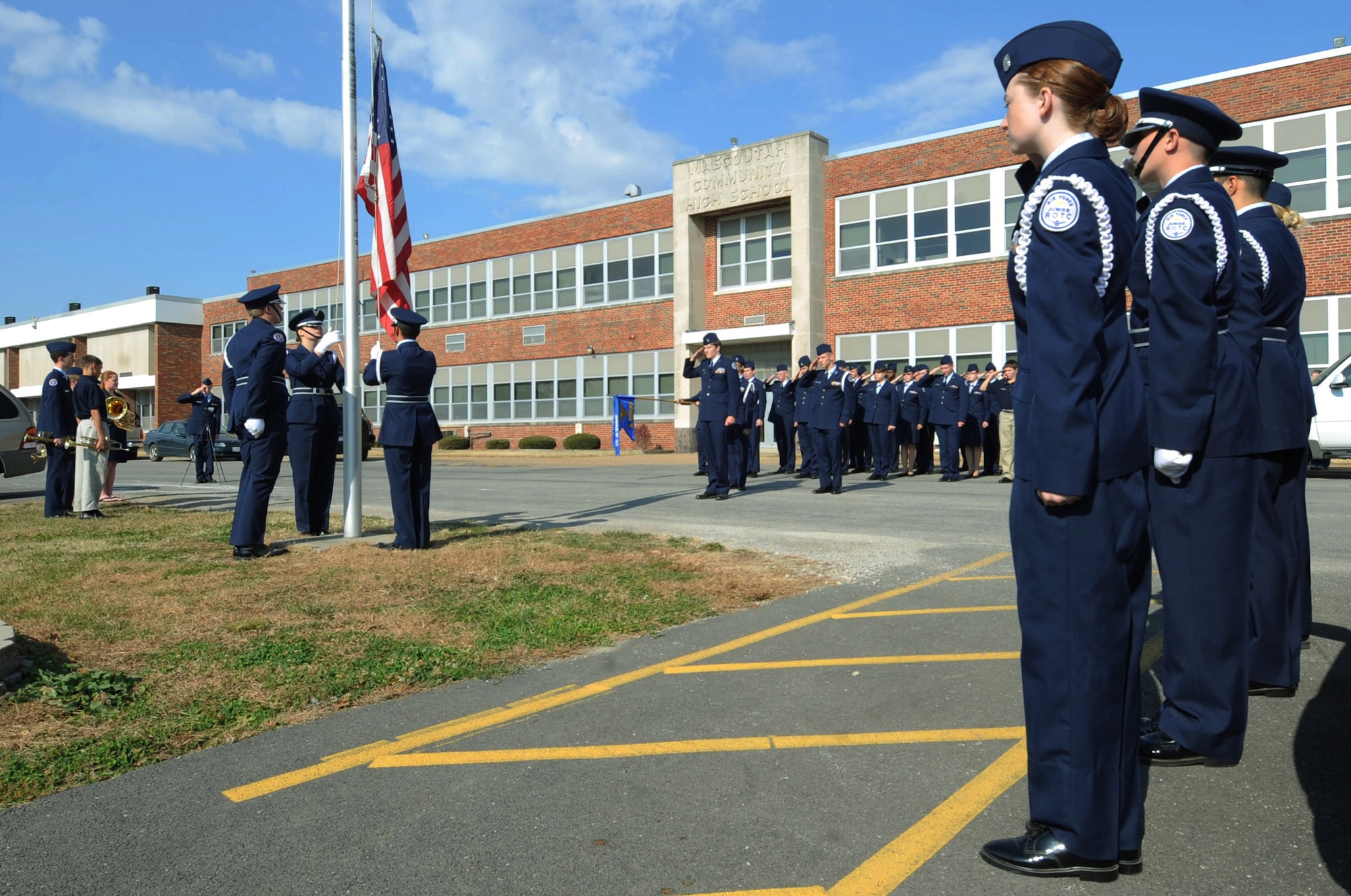 Mascoutah High School Air Force Jr. ROTC Cadets participate in a Veterans Day retreat ceremony at Mascoutah High School Nov. 11, 2010. Mascoutah High School is in Mascoutah, Ill. a neighboring town of Scott Air Force Base, Ill.  Veterans day is an annual United States holiday honoring military veterans. (Photo by Tech. Sgt. Michelle Larche)