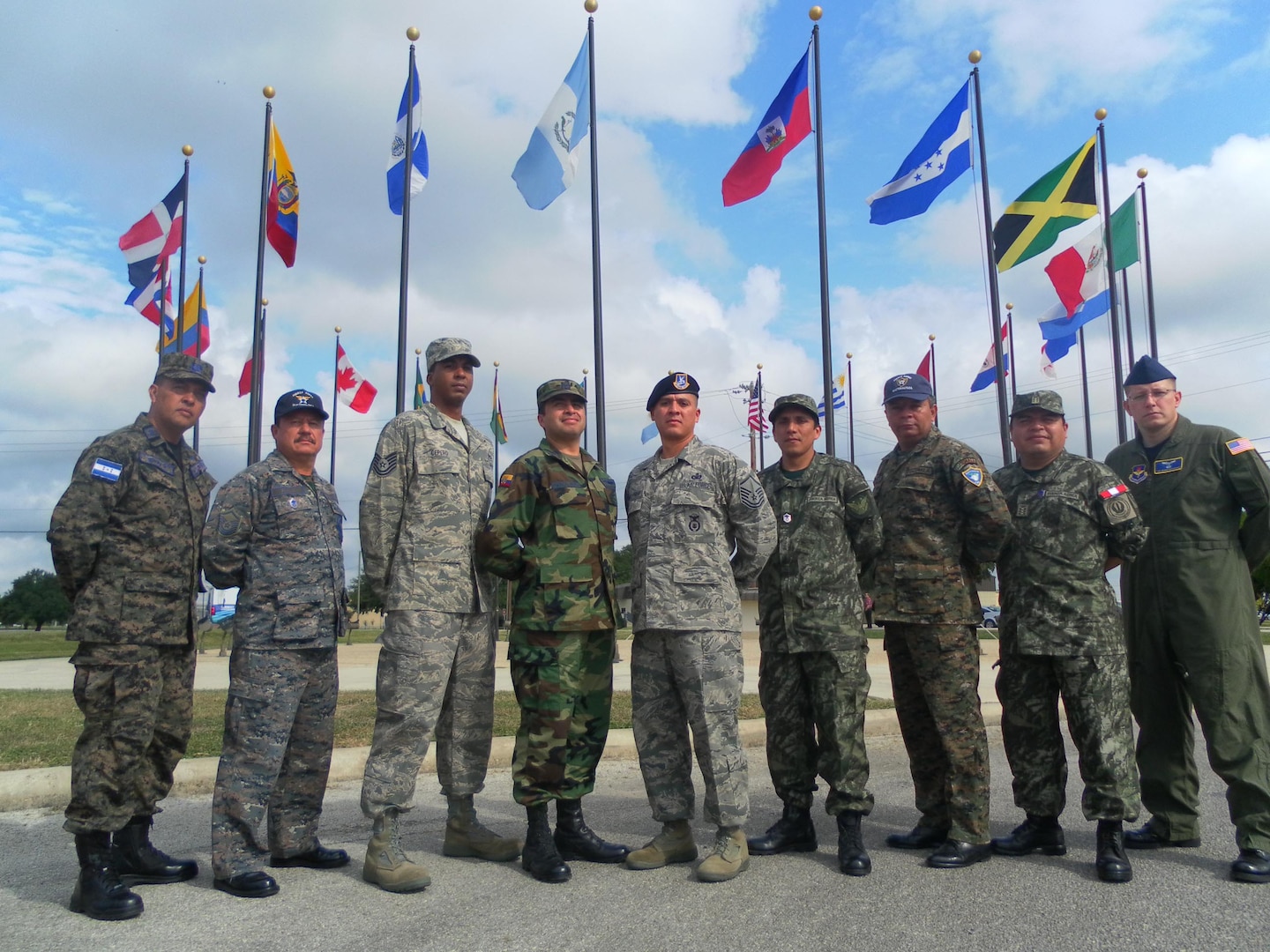 Tech. Sgts. Leonardo Cepero (third from left) and George Nikolakakos (far right) are the first Air Force NCOs to attend the Inter-American Air Forces Academy NCO Academy. Set to graduate Dec. 9, the sergeants are studying alongside NCOs from Latin America. (U.S. Air Force photo)