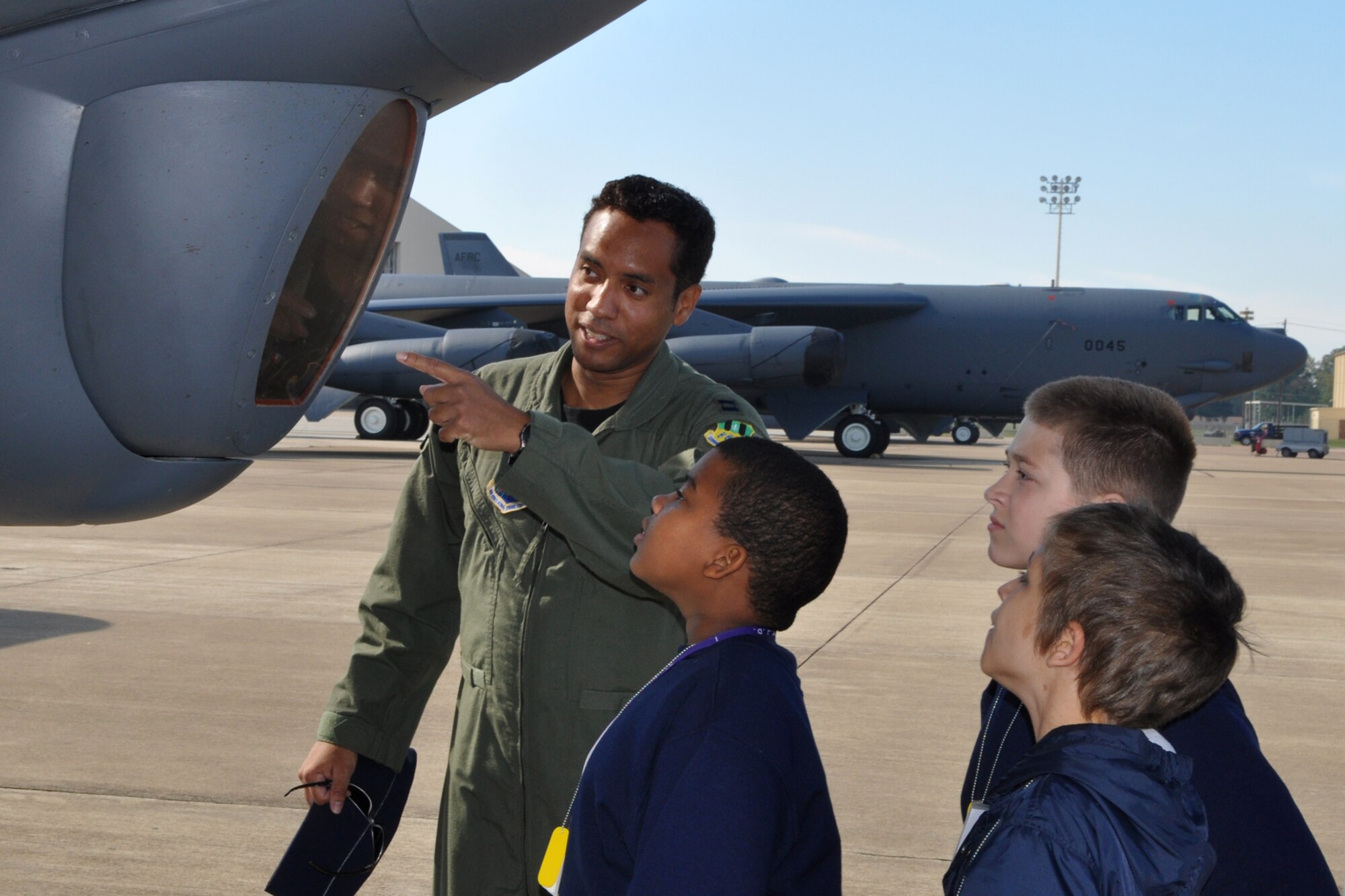 Capt. Mike Matthews, instructor navigator, from the 11th Bomb Squadron, who is attached to the 93rd Bomb Squadron’s Formal Training Unit, explains the camera capabilities of the B-52 Startofortress to a group of 5th graders from Meadowview Elementary School during a tour of a B-52 on the ramp at Barksdale Air Force Base, La., Nov. 9, 2010. The Meadowview students are attending STARBASE Louisiana, at Barksdale, one of 60 national STARBASE sites. It is sponsored by the 917th Wing of the Air Force Reserve Command. The program presents an exciting 25-hour hands on/minds on aviation and aerospace curriculum to area 5th grade students and their teachers. The DoD program is committed to addressing the critical needs in STEM education - Science, Technology, Engineering and Mathematics - STARBASE Louisiana introduces its students to exciting STEM education topics, inspiring these young minds to further explore these topics in future course work. Meadowview Elementary is part of the Bossier Parish School System. (U.S. Air Force photo/Betty Stephens)