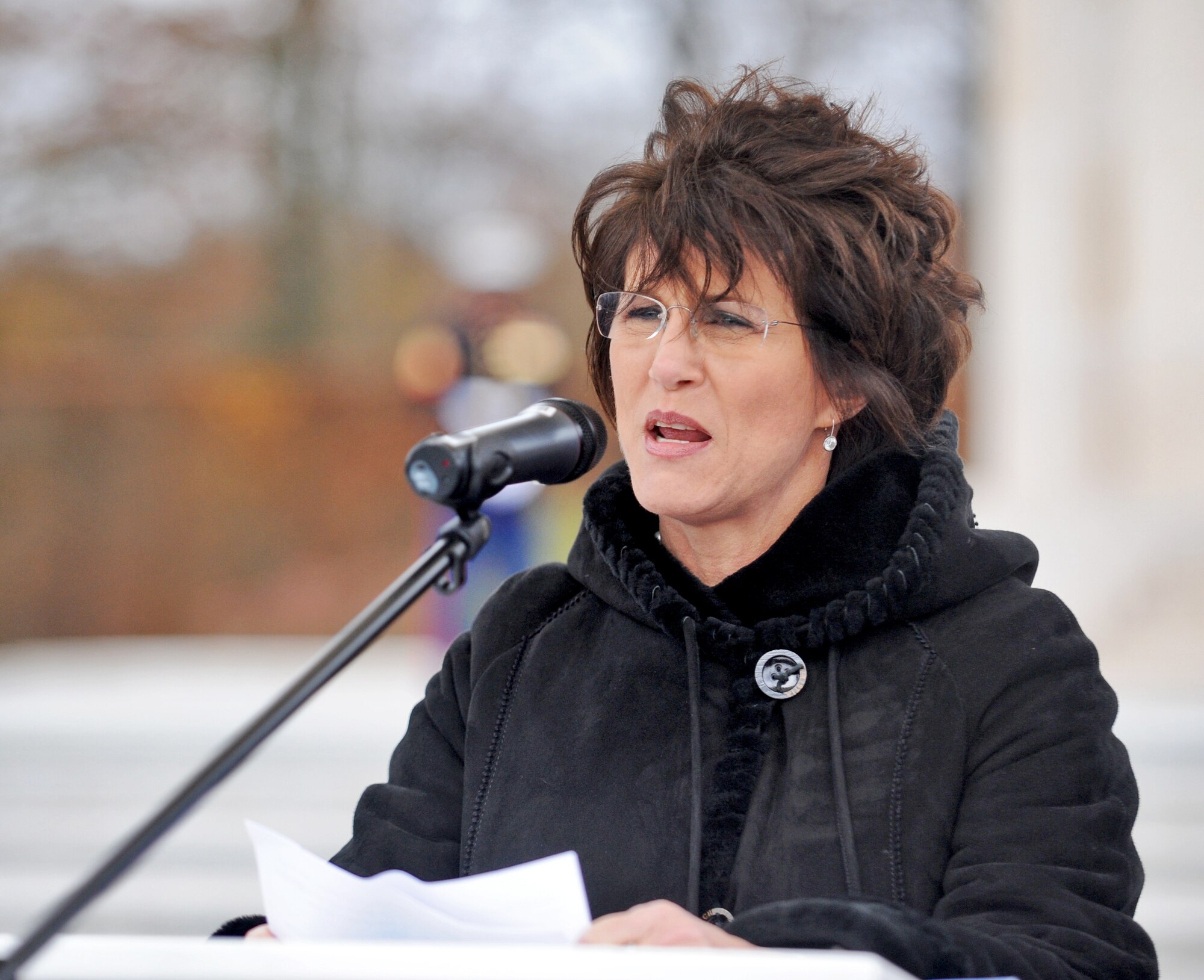 LUXEMBOURG – U.S. Ambassador to Luxembourg Cynthia Stroum, speaks to the crowd during the Veteran’s Day ceremony at the Luxembourg American Cemetery and Memorial Nov. 11. More than 5,000 fallen servicemembers from World War II are buried at the 50.5 acre cemetery, which is one of 14 cemeteries established overseas after World War II. (U.S. Air Force photo/Senior Airman Nick Wilson)