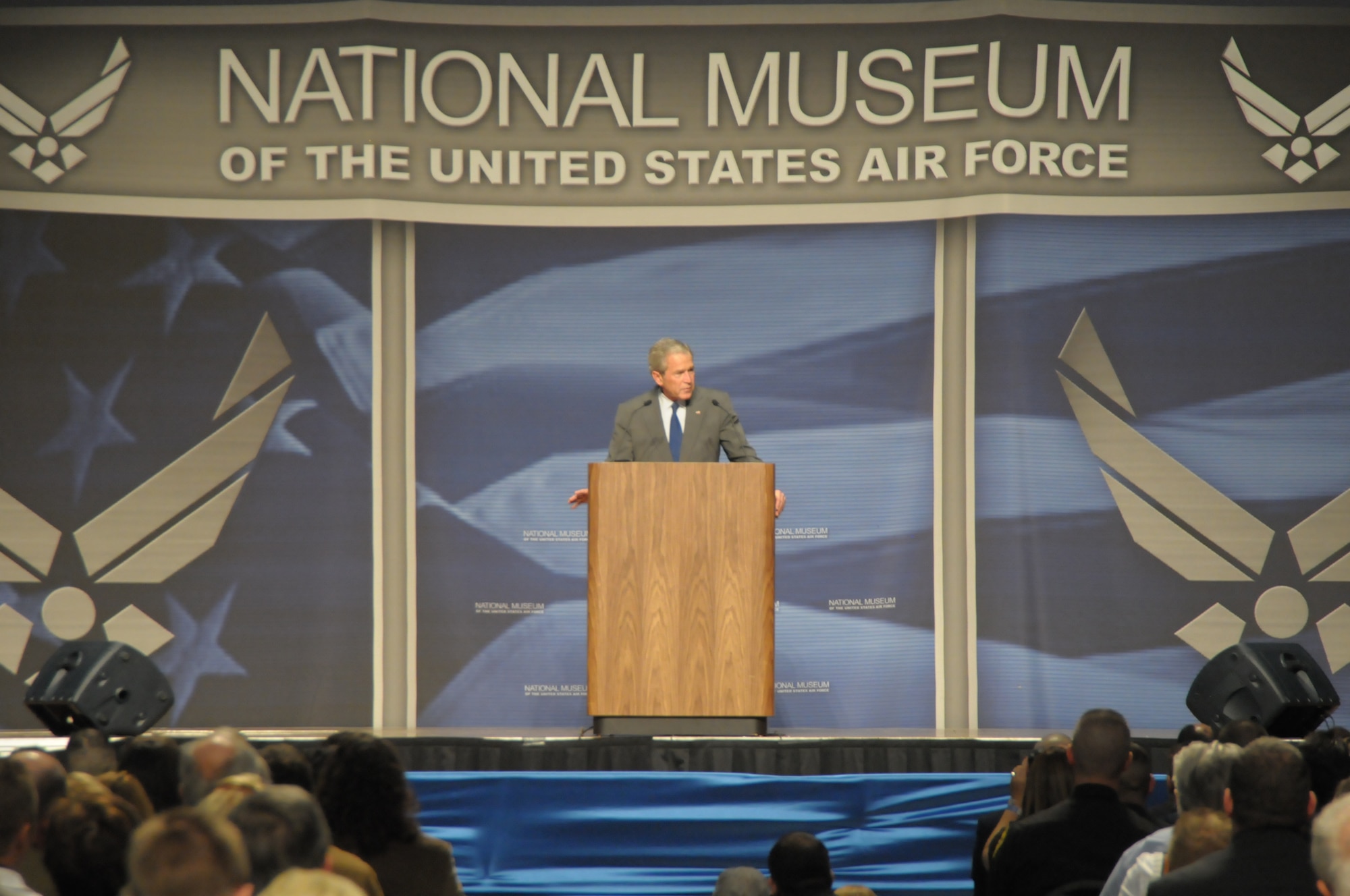 Former President George W. Bush speaks to an audience about the importance of returning thanks to all those who serve during a Nov. 11, 2010, visit to the National Museum of the U.S. Air Force. The 43rd U.S. president visited the museum to thank veterans for their service, and as a stop on his book tour. (U.S. Air Force photo/Al Bright)
