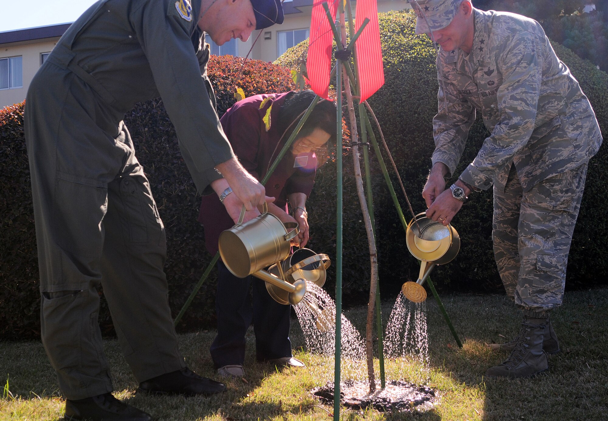 YOKOTA AIR BASE, Japan -- Colonel Otto Feather, 374th Airlift Wing commander, (left) with Toshiko Aoki-san and Maj. Gen. Sam Angelella, 5th Air Force vice commander, water a cherry blossom tree during the dedication ceremony held outside the Officers' Club here, Nov. 10. (U.S. Air Force Photo/ Airman 1st Class Katrina R. Menchaca)