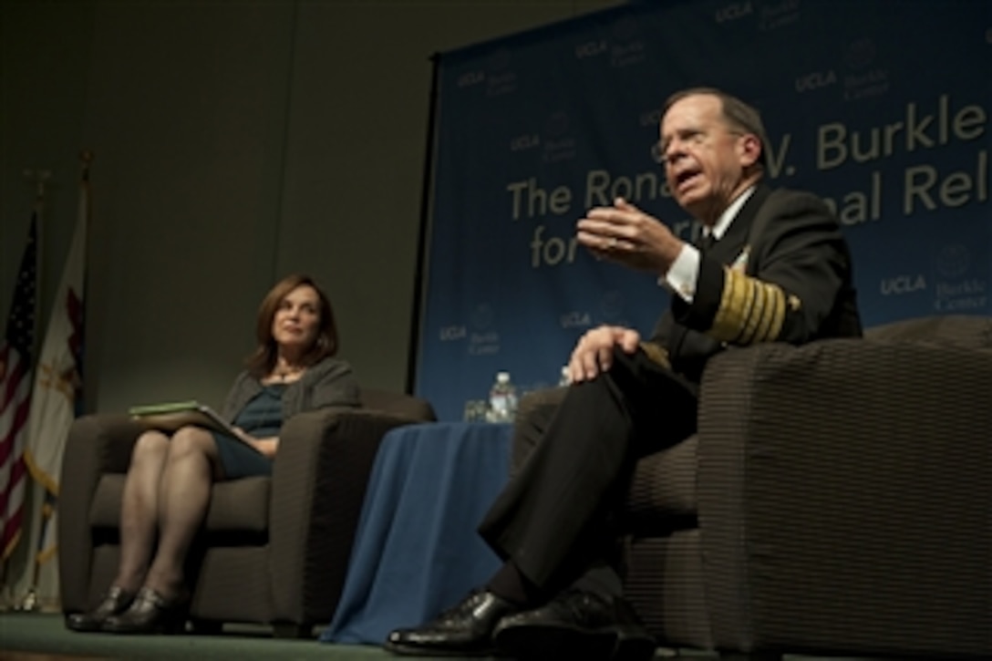 Chairman of the Joint Chiefs of Staff Adm. Mike Mullen, U.S. Navy, answers an audience member's question during the Bernard Brodie Distinguished Lecture Series at the University of California at Los Angeles on Nov. 10, 2010.  Mullen was interviewed by National Public Radio's Morning Edition co-host Renee Montagne (left) at the lecture that provides a special forum for dignitaries and scholars of politics, strategy, warfare and peace to present their views to the UCLA community and the public.  