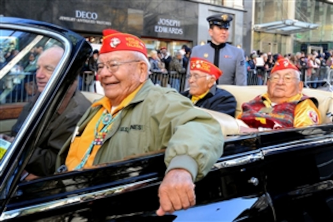 Veterans who served in the U.S. Marine Corps as Navajo code talkers during World War II ride in the New York City Veterans Day Parade, Nov. 11, 2010.