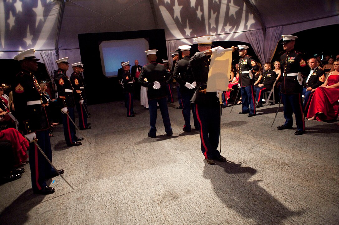 Capt. Andrew Duncan, adjutant, 3rd Marine Regiment, recites Lt. Gen. John A. Lejeune’s birthday message during 3rd Marines’ birthday ball on the Battleship Missouri Memorial at Pearl Harbor, Hawaii, Nov. 12, 2010. The infantry regiment, one of the U.S. military’s most deployed units in recent conflicts, celebrated the Marine Corps’ 235th birthday aboard the storied battleship as a beautiful sunset fell beyond the harbor. On Sept. 2, 1945, the Empire of Japan surrendered to Allied forces on the deck of the historic “Mighty Mo” to end World War II.