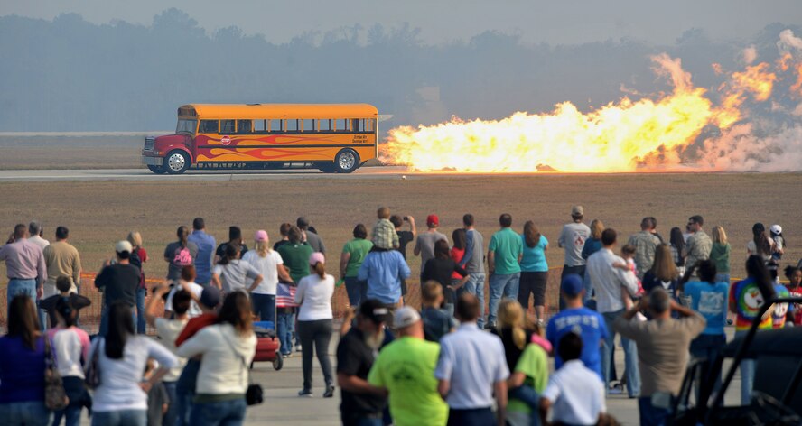MOODY AIR FORCE BASE, Ga.  -- The jet bus speeds down the runway at the Community Appreciation Day Air Show Nov. 13. The top speed the bus clocked out at was 302 miles per hour. (U.S. Air Force photo/Airman 1st Class Joshua Green)(RELEASED)
