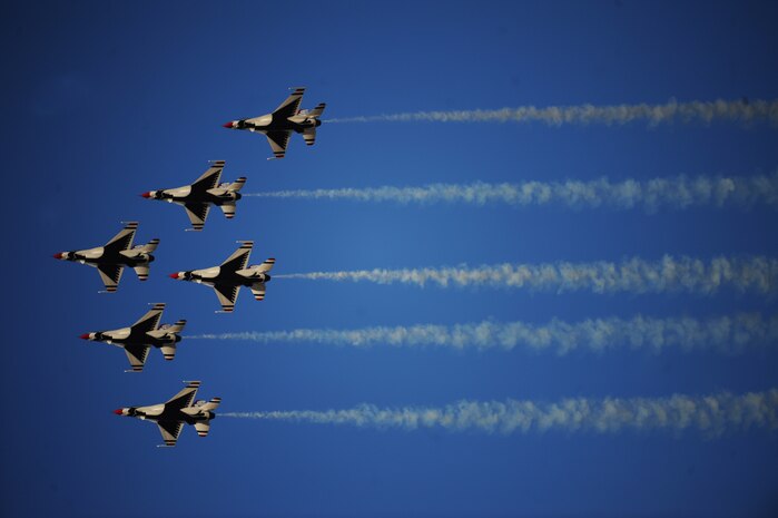 NELLIS AIR FORCE BASE, Nev.-- The United States Air Force Air Demonstration Squadron "Thunderbirds," perform the Delta Pass and Review over Nellis during the 2010 Aviation Nation Nellis Open House Nov. 12, 2010. The Nellis Open House is an opportunity for the Las Vegas community to view aerial demonstrations and static displays of various aircraft from the military. The open house also acts as the final air show of the year for the  U.S. Air Force Air Demonstration Squadron "Thunderbirds." (U.S. Air Force photo/ Master Sgt. Kevin J. Gruenwald)(Released)




