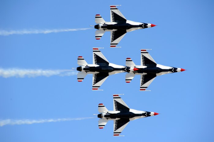 NELLIS AIR FORCE BASE, Nev.-- The U.S. Air Force Air Demonstration Squadron "Thunderbirds," move into the diamond pass and review over Nellis during the 2010 Aviation Nation Nellis Open House Nov. 12. The Nellis Open House is an opportunity for the Las Vegas community to view aerial demonstrations and static displays of various aircraft from the military. The open house also acts as the final air show of the year for the  U.S. Air Force Air Demonstration Squadron "Thunderbirds." (U.S. Air Force photo / Airman 1st Class Matthew Lancaster)(Released)
