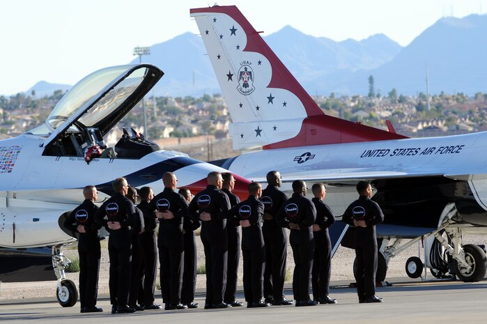 NELLIS AIR FORCE BASE, Nev.-- The U.S. Air Force Air Demonstration Squadron "Thunderbirds," perform during 2010 Aviation Nation Nellis Open House Nov. 12, 2010. The Nellis Open House is an opportunity for the Las Vegas community to view aerial demonstrations and static displays of various aircraft from the military. The open house also acts as the final air show of the year for the  U.S. Air Force Air Demonstration Squadron "Thunderbirds." (U.S. Air Force photo / Airman 1st Class Matthew Lancaster)(Released)


