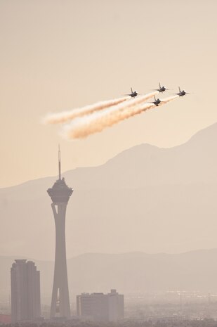 NELLIS AIR FORCE BASE, Nev. -- The United States Air Force Air Demonstration Squadron "Thunderbirds," position to approach Nellis during the 2010 Aviation Nation Nellis Open House Nov. 12. The Nellis Open House is an opportunity for the Las Vegas community to view aerial demonstrations and static displays of various aircraft from the military. The open house also acts as the final air show of the year for the  U.S. Air Force Air Demonstration Squadron "Thunderbirds." (U.S. Air Force photo by Tech. Sgt. Michael R. Holzworth)(Released)
