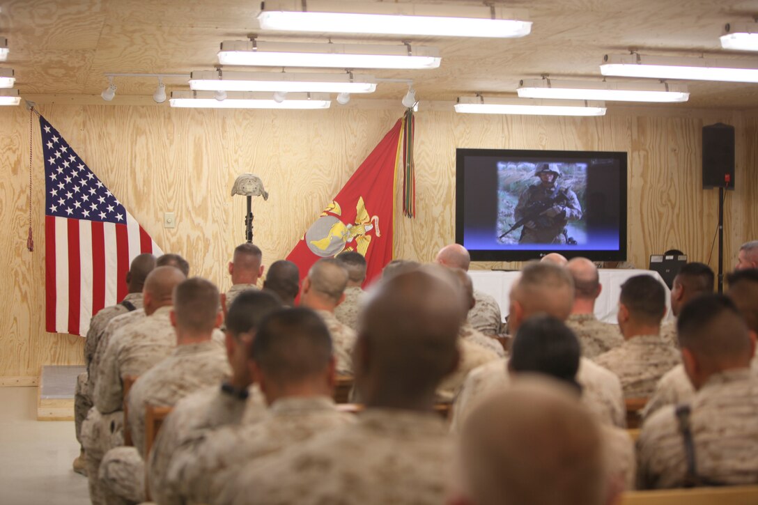 More than 100 service members bowed their heads in silence and paid their final respects to Staff Sgt. Jordan Emrick during a memorial service at Camp Leatherneck, Afghanistan, Nov. 13. Emrick, an EOD tech assigned to 3rd Platoon, 1st Explosive Ordnance Disposal Company, 1st Marine Logistics Group (Forward), was killed Nov. 5 while conducting combat operations in Helmand province, Afghanistan.