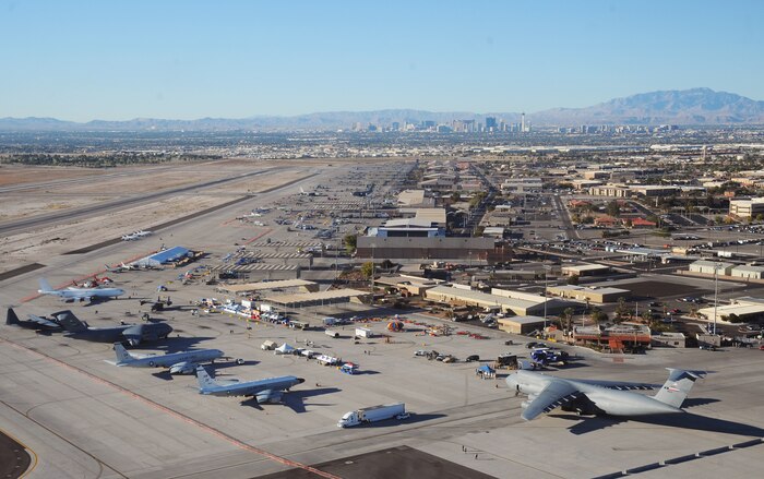 NELLIS AIR FORCE BASE, Nev.-An aerial view Nov. 13, 2010 of Aviation Nation 2010, Nellis Air Force Base Open House and annual Las Vegas air show.  The two-day event will depict the history of American aviation and salutes the recent accomplishments of America's military in operations around the globe through numerous additional military and civilian ground displays. Approximately 100 aircraft covering everything from the earliest days of aviation to some of the nation's newest military aircraft are scheduled to be on display. (U.S. Air Force photo/ Master Sgt. Kevin J. Gruenwald) released
