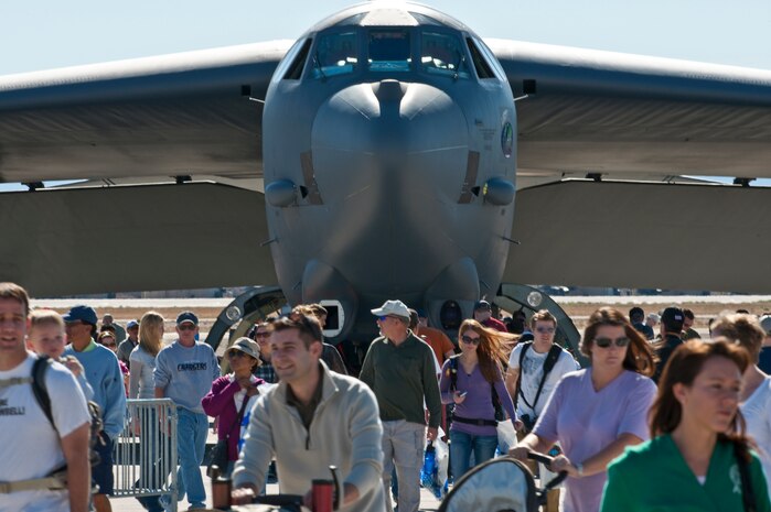 NELLIS AIR FORCE BASE, Nev. -- A B-52 Stratofortress from Barksdale Air Force Base, La., rests on the Nellis flightline while thousands of people from all over the southwest enjoy the 2010 Aviation Nation Nellis Open House Nov. 13.  The  Open House at Nellis Air Force Base is the largest free public event in Nevada which provides the opportunity for the Las Vegas community to view aerial demonstrations and static displays of various aircraft from the military. The open house also acts as the final air show of the year for the  U.S. Air Force Air Demonstration Squadron "Thunderbirds." (U.S. Air Force photo by Tech. Sgt. Michael R. Holzworth)(Released)
