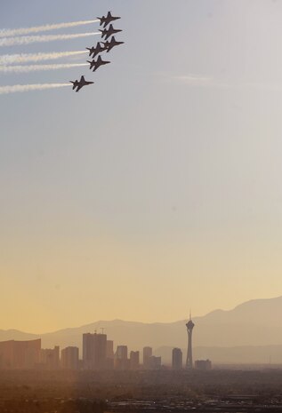 NELLIS AIR FORCE BASE, Nev.-- The United States Air Force Air Demonstration Squadron "Thunderbirds," perform the Delta Pass and Review over Nellis during the 2010 Aviation Nation Nellis Open House Nov. 12, 2010. The Nellis Open House is an opportunity for the Las Vegas community to view aerial demonstrations and static displays of various aircraft from the military. The open house also acts as the final air show of the year for the  U.S. Air Force Air Demonstration Squadron "Thunderbirds." (U.S. Air Force photo/ Master Sgt. Kevin J. Gruenwald)(Released)




