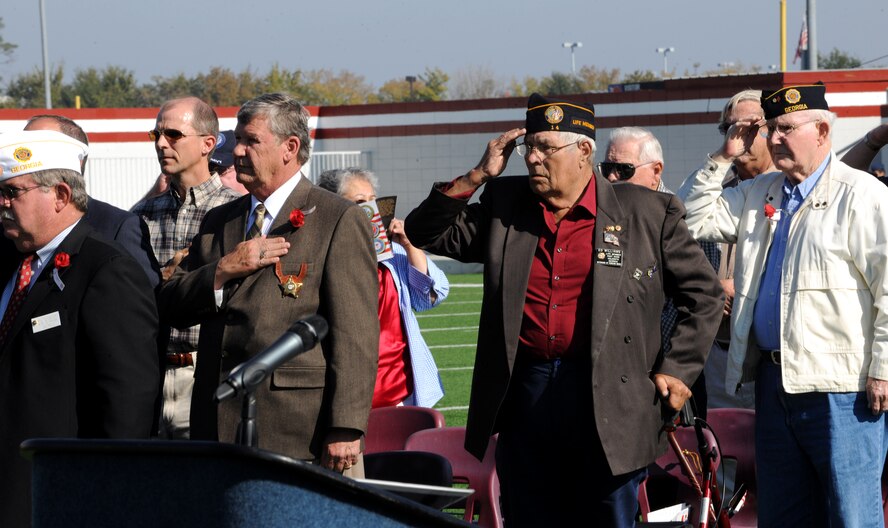VALDOSTA, Ga. -- Veterans salute as the national anthem plays during a Veteran’s Day ceremony Nov. 11. Valdosta and the local community have one of the highest populations of veterans in the United States. (U.S. Air Force photo/Airman 1st Class Benjamin Wiseman)(RELEASED)