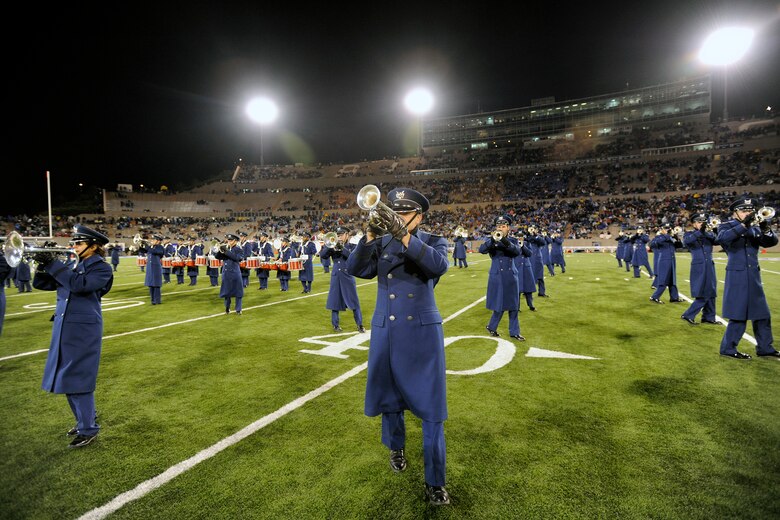 The Air Force Academy Drum and Bugle Corps performs during halftime of the Air Force-New Mexico game at Falcon Stadium Nov. 13, 2010. The Falcons, 7-4 and 4-3 in the Mountain West Conference, travel to UNLV Nov. 18 for their final game of the regular season. (U.S. Air Force photo/Mike Kaplan)