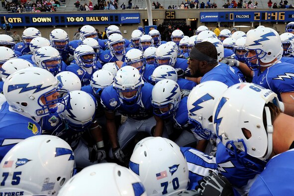Senior defensive back Andre Morris Jr. leads the Air Force Falcons in a enthusiastic huddle before the start of the last home game of the season against New Mexico at Falcon Stadium in Colorado Springs, Colo., Nov. 13, 2010. The game was Senior Day for the Falcons, who defeated the Lobos, 48-23. (U.S. Air Force photo/Mike Kaplan)