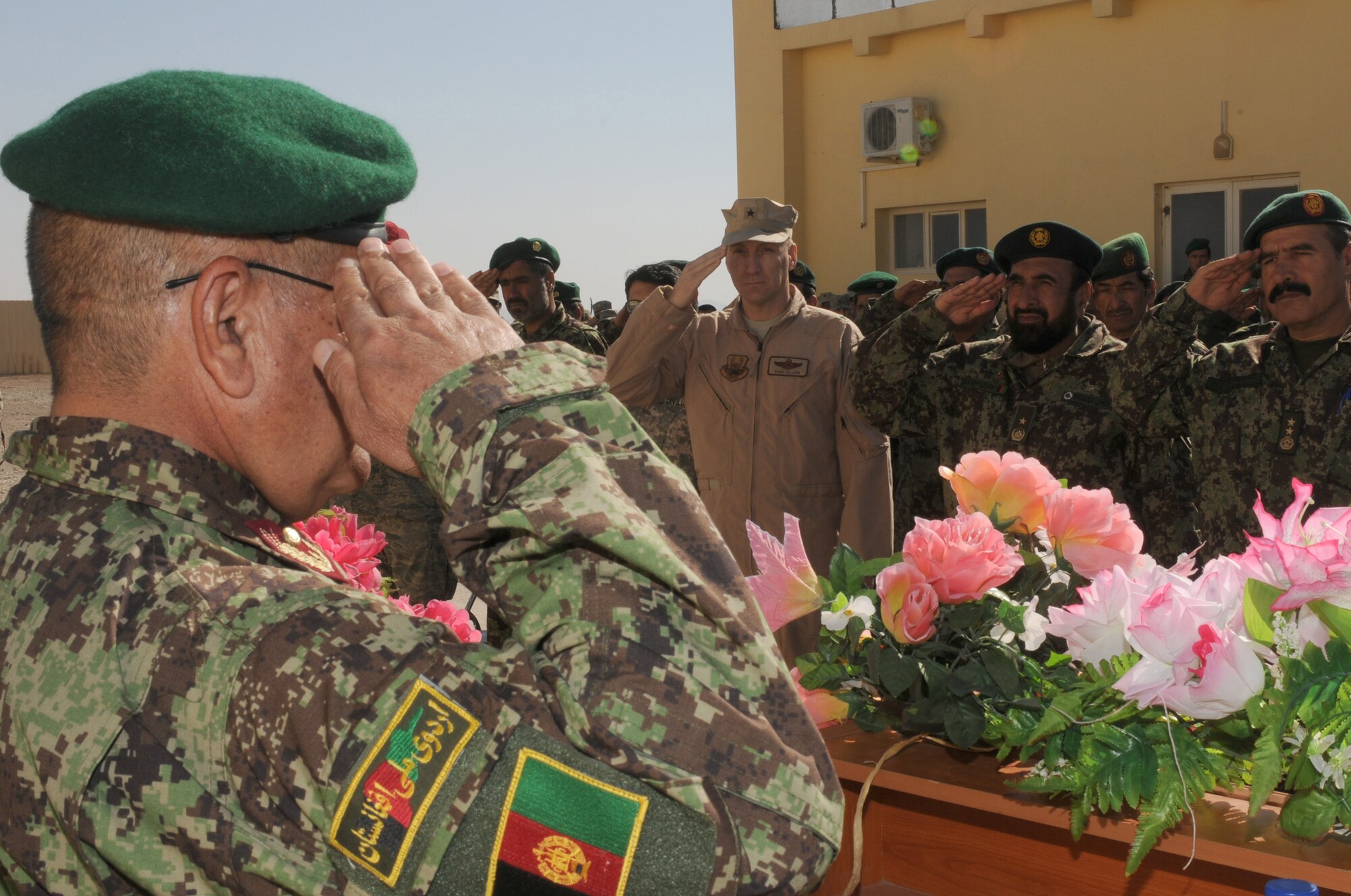 SHINDAND, Afghanistan -- An Afghan Air Force officer holds his salute as the Afgahn national anethem plays during a ceremony honoring the arrival of the first two Afghan aircraft at Shindand Air Base Nov. 13. (US Navy photo by MC2 Vladimir Potapenko/RELEASED)





