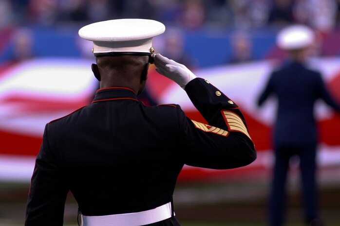 Marine Sgt. Maj. Samuel Heyward Jr., recruiting command New York sergeant major, salutes as a large American flag is presented across the field at the New York Giants military appreciation game versus the Dallas Cowboys, Nov. 14